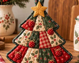 May include: A quilted fabric potholder shaped like a Christmas tree with a yellow fabric star at the top. The tree features alternating panels of red, green, and cream fabric with holly and plaid patterns, decorated with small red ornaments.
