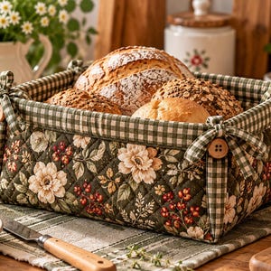 May include: A rectangular fabric bread basket featuring a quilted dark green exterior with a floral pattern of cream flowers and red berries. The basket has a green and white gingham trim, secured at the corners with fabric ties and wooden buttons.