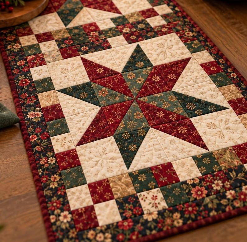 May include: A rectangular quilted table runner featuring a central eight-pointed star pattern in deep red and dark green fabric. The border consists of a patchwork of small squares in cream, red, and green floral prints with intricate stitching.