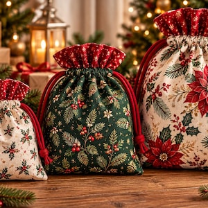May include: Three fabric drawstring gift bags in varying sizes, featuring festive patterns of red poinsettias, green pine needles, and holly berries on cream and dark green backgrounds, finished with red velvet-textured drawstring tops.