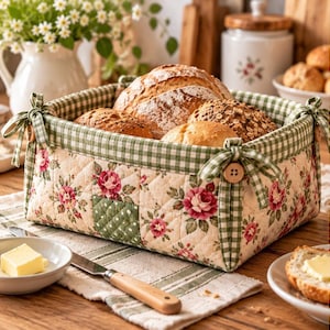 May include: A square fabric bread basket featuring a quilted cream exterior with a pink rose floral pattern and a green and white gingham trim. The basket is accented with green gingham fabric ties at each corner, secured with small wooden buttons.