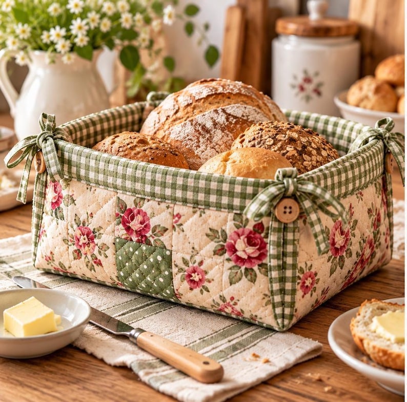 Patchwork brödkorg sömnadsmönster PDF, quiltad tygkorg, blommig köksinredning i cottagecore, brödhållare i lantlig stil bild 1