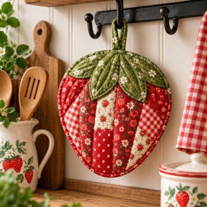 Può includere: Una presina trapuntata a forma di fragola con un design patchwork di tessuti rossi e bianchi a motivi floreali, a pois e a quadretti. La parte superiore presenta foglie in tessuto verde con piccoli fiori bianchi e un occhiello.