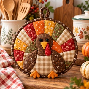 May include: A round quilted potholder shaped like a turkey, featuring a fan-shaped tail made of multicolored fabric segments in red, orange, yellow, and green with floral and gingham patterns, a brown body, black button eyes, and an orange beak.