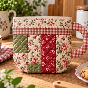 May include: A quilted mug rug featuring a patchwork design of floral patterns in red, green, and cream, accented with a red and white gingham border, a lace trim, and a matching gingham handle on the right side of the square-shaped fabric piece.