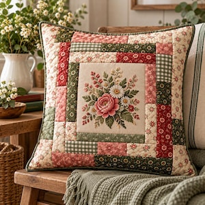 May include: A square throw pillow featuring a central embroidered floral bouquet of pink roses and white daisies on a cream background, surrounded by a patchwork border of quilted fabric squares in shades of red, green, and cream.