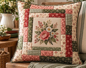 May include: A square throw pillow featuring a central embroidered floral bouquet of pink roses and white daisies on a cream background, surrounded by a patchwork border of quilted fabric squares in shades of red, green, and cream.