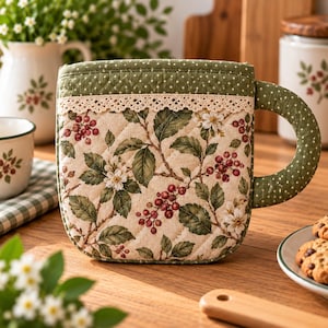 May include: A square quilted mug rug featuring a cream background with a botanical print of green leaves, white flowers, and red berries. The top edge has a green and white polka dot border with a delicate cream lace trim.
