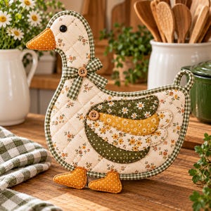 May include: A quilted fabric potholder shaped like a goose, featuring a cream-colored body with a small floral print, green gingham trim, and a matching bow. The wing is layered with green and yellow floral fabric, accented by two wooden buttons.