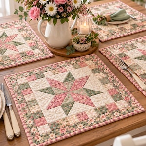 May include: Square quilted placemats featuring a central eight-pointed star pattern in shades of dusty pink and sage green. The border consists of a small floral print fabric with a pink and white checkered edge binding on all sides.