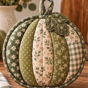 May include: A quilted fabric pumpkin-shaped potholder featuring alternating vertical panels of green and cream fabric with floral, polka dot, and gingham patterns. A small fabric leaf is attached to the top near a hanging loop.