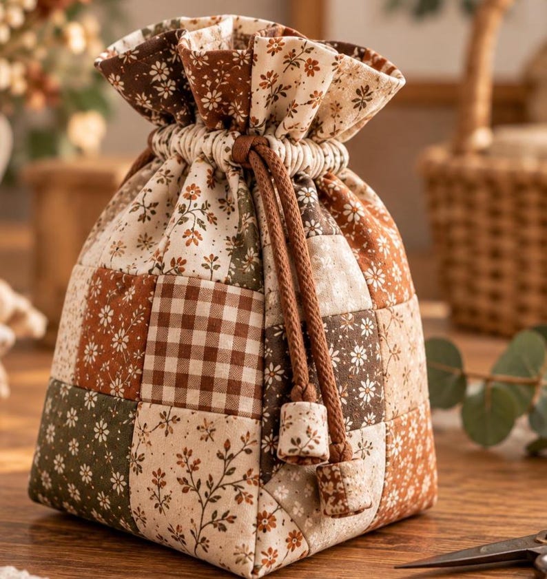 May include: A drawstring pouch crafted from a patchwork of fabric squares featuring various floral prints and a brown and white gingham pattern. The bag is cinched at the top with thick brown braided cords ending in fabric-covered beads.