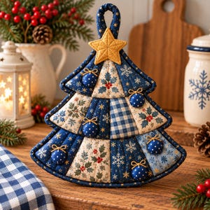 May include: A quilted Christmas tree-shaped potholder featuring a navy blue and cream color palette with patterns of snowflakes, holly, and gingham. The design includes a yellow fabric star at the top and small blue ornament accents.