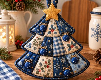 May include: A quilted Christmas tree-shaped potholder featuring a navy blue and cream colour palette with patterns of snowflakes, holly, and gingham. The design includes a yellow fabric star at the top and small blue ornament accents.
