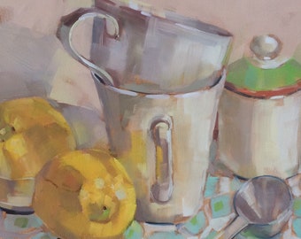 Lemons Mugs SugarBowl Spoon, Original Oil Painting by Bridget Hobson, 8x8 inch, free domestic shipping