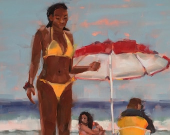 People at the Beach, Original Oil Painting by California Artist Bridget Hobson, 10x10 inch, free domestic shipping