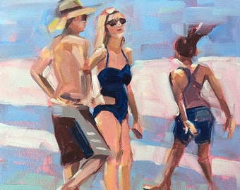 Hang Loose at the Beach, 8x8 inch, Original Oil Painting by California Artist Bridget Hobson, free domestic shipping