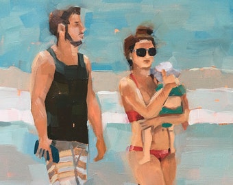 Beach Mom Beach Dad Beach Baby, Original Oil Painting by California Artist Bridget Hobson, free domestic shipping