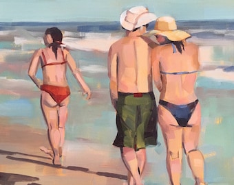 Beach Walk, Beach People, Original Oil Painting by Bridget Hobson, 6x6 inch, free domestic shipping