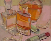 Girl Talk, Perfume Bottles, Pearls, Lipstick, Original Oil Painting, free domestic shipping
