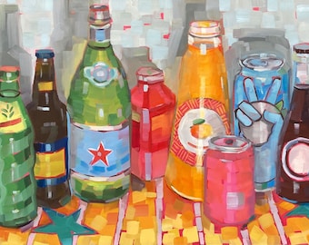 Juicy Soda & Spritzer Bottle Line-Up, 12x24", Original Oil Painting by Bridget Hobson