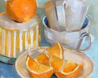 Oranges with Tea Cups, 6”x6” panel, original oil painting