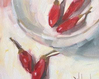 Chili de Arbol, Original Oil Painting by California Artist Bridget Hobson, 6x6 inch, free domestic shipping