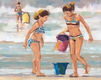 Beach Girls, Original Oil Painting by California artist, Bridget Hobson, 8x8 inch, free domestic shipping