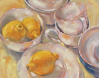 Lemons with cups, bowls, 12"x12", made by Bridget Hobson