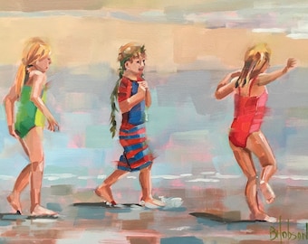 Beach Kids, Original Oil Painting by Bridget Hobson, 8x6 inch, free domestic shipping