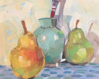 Pears with Aqua Vase Original Oil Painting by Bridget Hobson, 6x6 inch, free domestic shipping