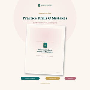 Könnte beinhalten: Ein digitales Dokument mit dem Titel Practice Drills & Common Mistakes und einer zentralen Grafik einer Nummer 6 Kachel. Die Seite enthält Text wie Improve Your Game und Get better between game nights. Drei Schaltflächen darunter zeigen Instant Download, Printable PDF und 2026 NMJL.