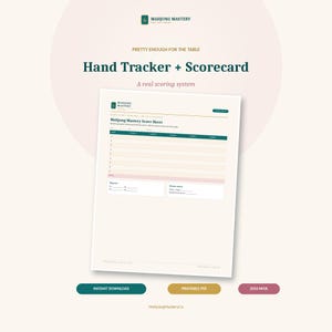 May include: A Mahjong Mastery score sheet printed on white paper with dark green headers and light pink rows. The document includes fields for player names, game rounds, and score tracking, with the text Mahjong Mastery Score Sheet at the top.