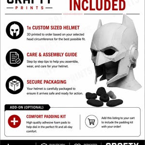 May include: A white 3D printed helmet with a geometric design, accompanied by a set of black foam pads. The image includes text detailing the inclusion of a custom sized helmet, a care and assembly guide, secure packaging, and an optional comfort padding kit.