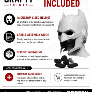 May include: A white 3D printed helmet with a geometric design, accompanied by a set of black adhesive foam pads. The informational graphic includes the text Crafty Prints, What's Included, 1x Custom Sized Helmet, Care & Assembly Guide, Secure Packaging, and Comfort Padding Kit.