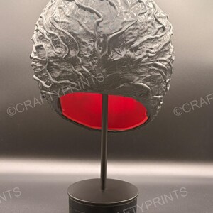 May include: A black, textured, brain-shaped object with a glossy finish and raised, vein-like ridges across its surface. The interior of the object is a vibrant, solid red color. It is mounted on a simple, black, vertical display stand with a circular base.