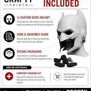 May include: A white 3D printed helmet with a geometric design, accompanied by a set of black adhesive foam pads. The informational graphic includes the text Crafty Prints, What's Included, 1x Custom Sized Helmet, Care & Assembly Guide, Secure Packaging, and Comfort Padding Kit.