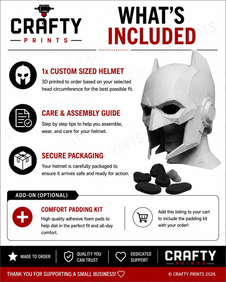 May include: A white 3D printed helmet with a geometric design, accompanied by a set of black adhesive foam pads. The informational graphic includes the text Crafty Prints, What's Included, 1x Custom Sized Helmet, Care & Assembly Guide, Secure Packaging, and Comfort Padding Kit.