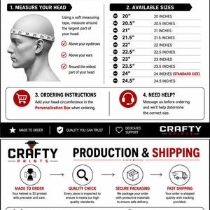 May include: A white informational chart titled Helmet Sizing Guide and Production & Shipping by Crafty Prints. It features a diagram of a head with a measuring tape, a list of sizes from 20 to 24.5 inches, and icons detailing ordering and production steps.