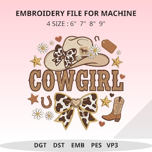 Cowgirl Embroidery Design Western Girly Bow Hat Pattern Cute Boot Daisy Sublimation Digital File Howdy Font Graphic For T Shirt Tote Bag