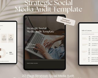 May include: A digital strategic social media audit template displayed on three tablet screens. The central screen shows a laptop and text reading Strategic Social Media Audit Template. Side screens display analytics charts and a table of contents.