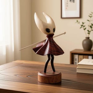 May include: A wooden figurine of a character with a pale, horned head and large black eyes, wearing a dark reddish-brown flared dress. The figure holds a thin, light-colored needle-like weapon horizontally and stands on a circular wooden base.