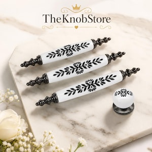 Black White Porcelain Cabinet Pull Knob 64mm (2.52"), 96mm (3.78"), 128mm (5.04") Vintage Farmhouse Hardware