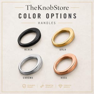 May include: TheKnobStore color options for handles featuring four oval-shaped rings in black, gold, chrome, and rose finishes. The text includes TheKnobStore, COLOR OPTIONS, HANDLES, BLACK, GOLD, CHROME, ROSE, DURABLE FINISH, PREMIUM QUALITY, and TIMELESS DESIGN.