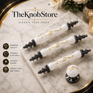 Puxador e botão de porcelana para armário, com padrão branco e dourado, para gavetas e armários de cozinha, 64 mm, 96 mm, 128 mm, elegante.