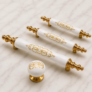 Porseleinen handvat goud patroon witte keramische kast trek lade handvat keuken badkamer meubelbeslag knop 64 mm 96 mm 128 mm