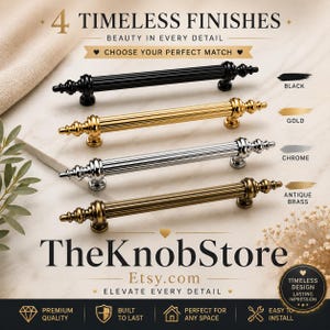May include: Four cabinet pulls in black, gold, chrome, and antique brass finishes. The image includes the text "4 TIMELESS FINISHES" and "TheKnobStore Etsy.com". The pulls have a ribbed design and decorative ends.
