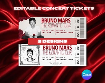 Bruno Mars The Romantic Tour Flower Concert Ticket Souvenir, Editable Tour Gift Reveal Template, Printable Fake Concert Ticket