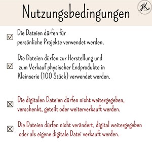 May include: A digital document titled Nutzungsbedingungen with a logo in the top right corner. It lists usage terms with checkmarks for personal projects and small-scale physical product sales up to 100 units, and X marks for prohibited file sharing or resale.