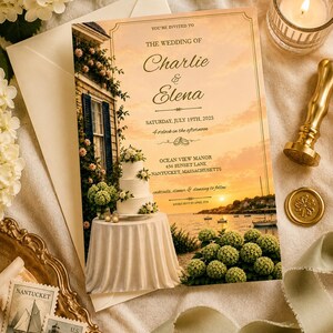 May include: A rectangular wedding invitation card featuring a sunset coastal scene, a three-tier cake on a table, and text reading: You're invited to the wedding of Charlie & Elena, Saturday, July 19th, 2025, 4 o'clock, Ocean View Manor, Nantucket.